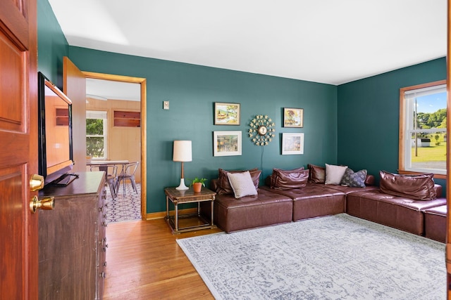 living room featuring wood finished floors and baseboards