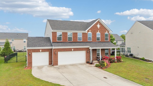 view of front of property featuring brick siding, driveway, roof with shingles, and cooling unit
