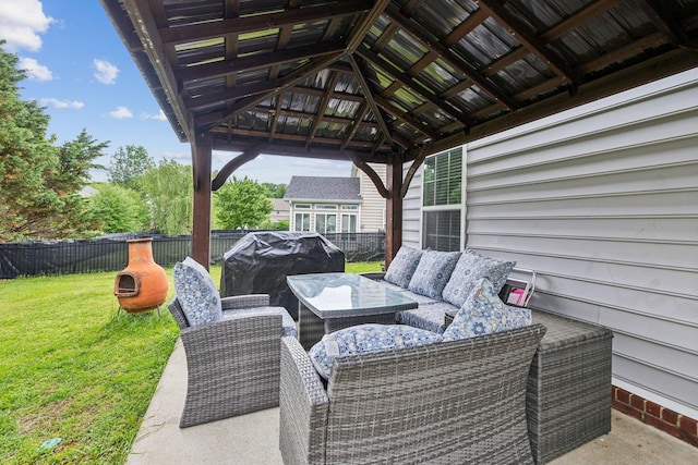 view of patio / terrace with an outdoor hangout area, a gazebo, and grilling area