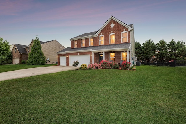 view of front of house with brick siding, concrete driveway, a garage, a porch, and central AC