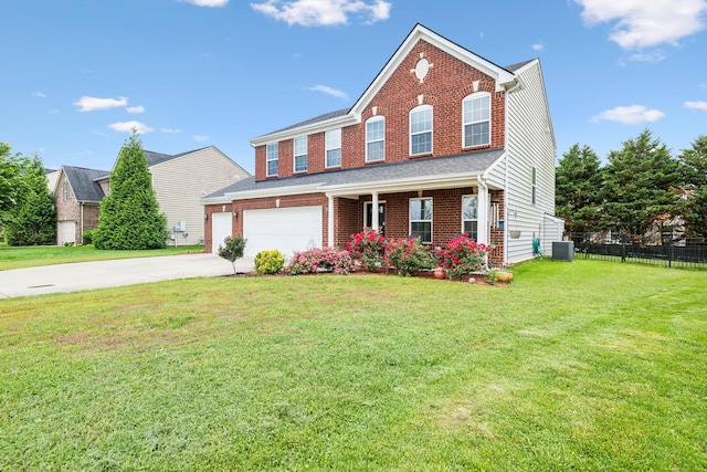 view of front of house featuring concrete driveway, brick siding, an attached garage, and cooling unit