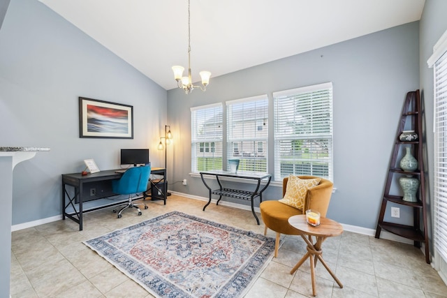 office area with plenty of natural light, a chandelier, vaulted ceiling, and baseboards