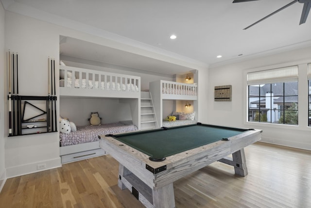 recreation room with wood finished floors, billiards, baseboards, and recessed lighting