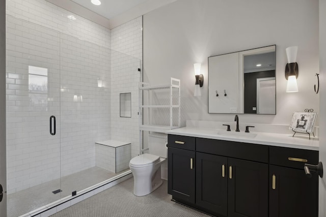 bathroom with toilet, a stall shower, and vanity