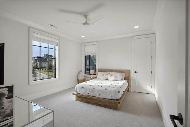 carpeted bedroom featuring recessed lighting, baseboards, and a ceiling fan
