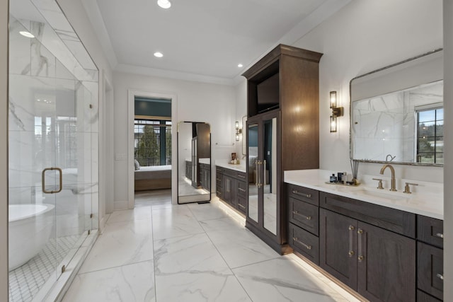 full bathroom featuring a shower stall, marble look tiles, ensuite bathroom, vanity, and a freestanding tub