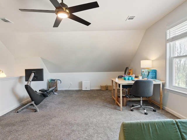 office featuring vaulted ceiling, carpet flooring, baseboards, and ceiling fan