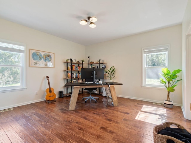 home office featuring healthy amount of natural light, wood-type flooring, and baseboards