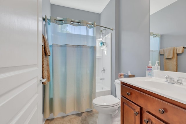 full bath featuring shower / tub combo, toilet, and vanity