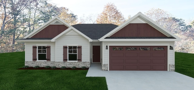 craftsman inspired home featuring stone siding, board and batten siding, concrete driveway, and a front lawn