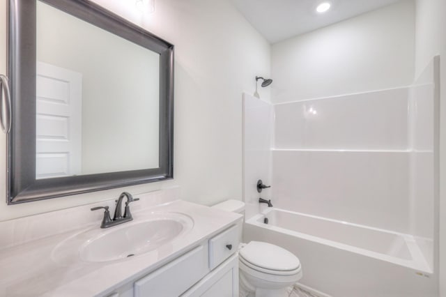 bathroom with toilet, vanity, shower / bath combination, and recessed lighting