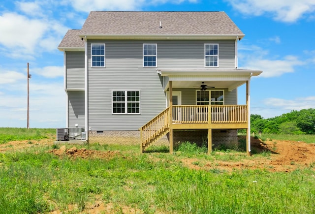 1 Shelton Ferry Rd, Southside, TN 37171 - rear view of house with ceiling fan, crawl space, stairs, and a shingled roof