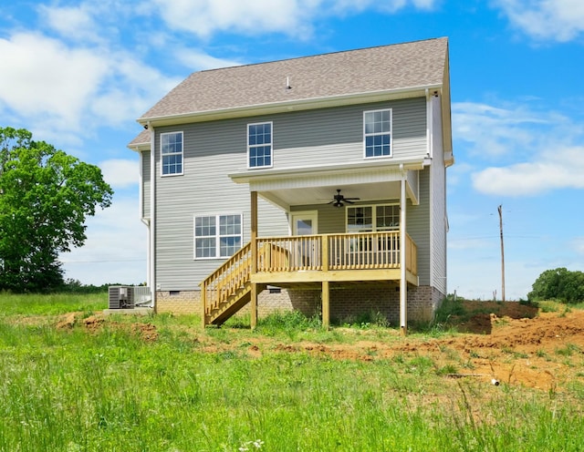 1 Shelton Ferry Rd, Southside, TN 37171 - back of property with a ceiling fan, stairway, a wooden deck, cooling unit, and crawl space