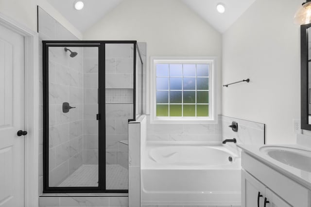 1 Shelton Ferry Rd, Southside, TN 37171 - full bathroom featuring a shower stall, a garden tub, vaulted ceiling, vanity, and recessed lighting