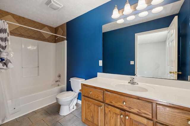 bathroom featuring tile patterned flooring, toilet, vanity, and shower / bathtub combination with curtain