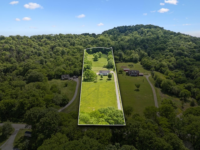aerial view of property and surrounding area featuring a forest and property boundaries highlighted