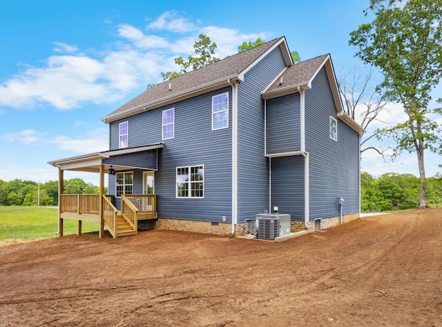 2214 S Hinton Rd, Southside, TN 37171 - rear view of house with central AC, a wooden deck, and crawl space