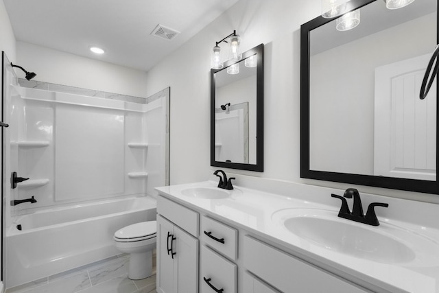 2214 S Hinton Rd, Southside, TN 37171 - full bath with marble finish flooring, toilet, double vanity, shower / tub combination, and recessed lighting