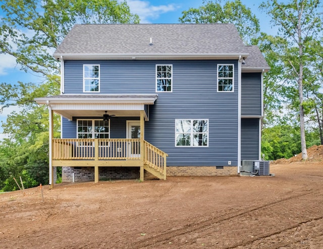 2214 S Hinton Rd, Southside, TN 37171 - back of property with a ceiling fan, crawl space, central AC, a shingled roof, and a porch
