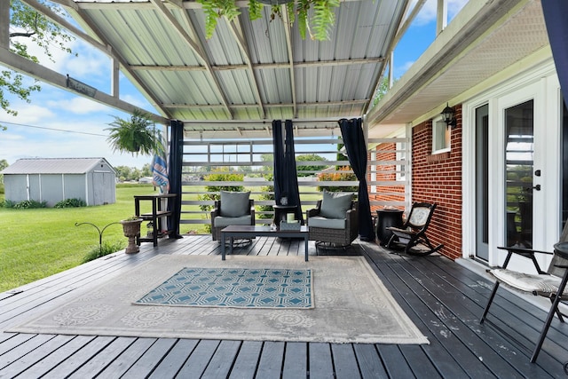 801 Lloyd St, Lawrenceburg, TN 38464 - wooden terrace with a yard, an outdoor structure, and an outdoor hangout area