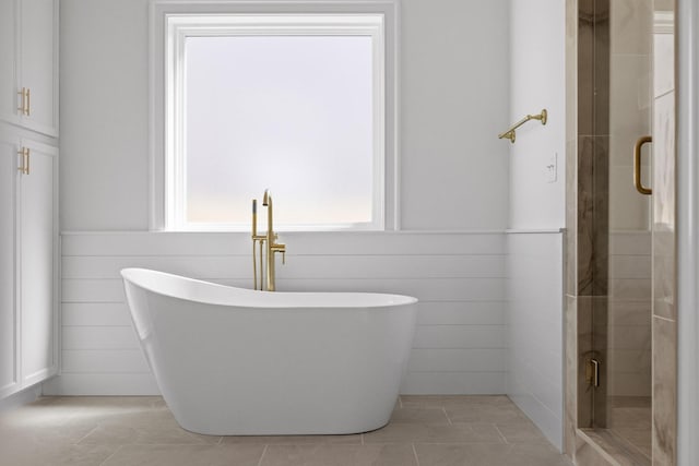 2208 Launcelot Rd, Chattanooga, TN 37421 - bathroom featuring a shower stall, a freestanding bath, and wainscoting