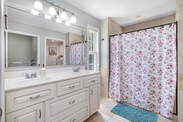 500 Mark Green Ct, Spring Hill, TN 37174 - full bathroom featuring double vanity, tile patterned floors, and a shower with curtain