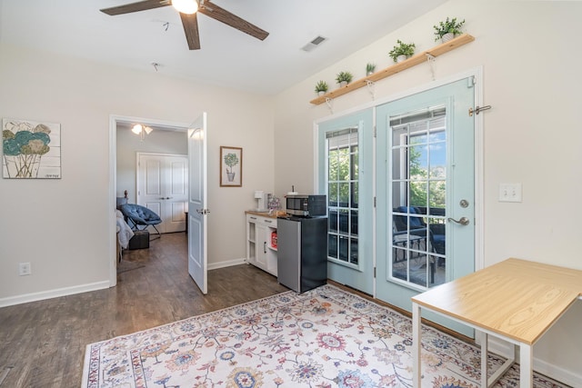 500 Mark Green Ct, Spring Hill, TN 37174 - kitchen with ceiling fan, wood finished floors, baseboards, freestanding refrigerator, and french doors