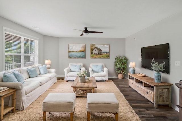 160 Majestic Ln, Pleasant View, TN 37146 - living area featuring dark wood finished floors, ceiling fan, and baseboards