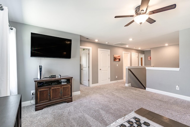 3308 Longstalk Rd, Antioch, TN 37013 - living area featuring light carpet, a ceiling fan, baseboards, and recessed lighting