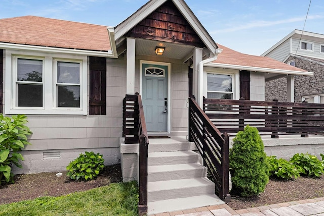view of front facade featuring crawl space and roof with shingles