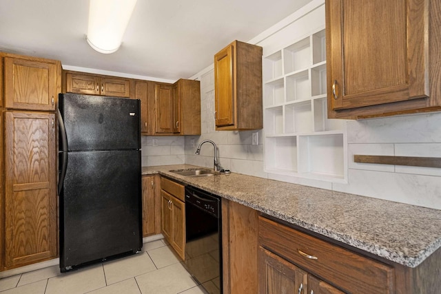 kitchen with black appliances, a sink, light tile patterned floors, brown cabinetry, and open shelves