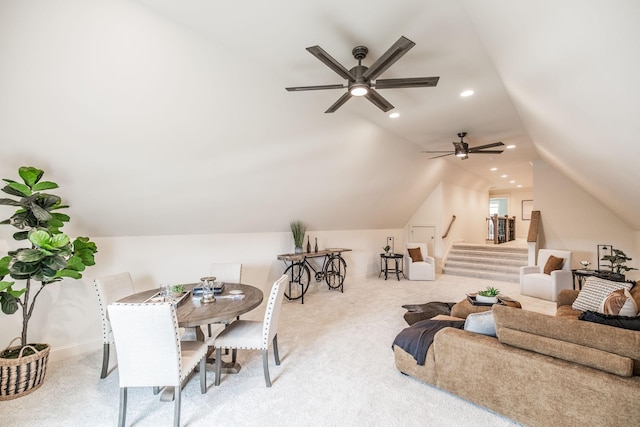 1219 Ben Forkum Dr, Lebanon, TN 37087 - carpeted living room with a ceiling fan, vaulted ceiling, recessed lighting, and stairs