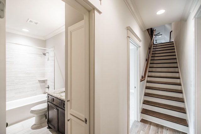 1219 Ben Forkum Dr, Lebanon, TN 37087 - stairs featuring crown molding and wood finished floors