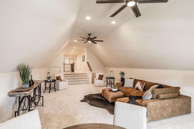 1219 Ben Forkum Dr, Lebanon, TN 37087 - living room featuring ceiling fan, carpet floors, lofted ceiling, recessed lighting, and stairs