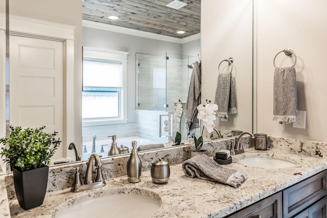 1219 Ben Forkum Dr, Lebanon, TN 37087 - full bathroom with a stall shower, double vanity, recessed lighting, and ornamental molding