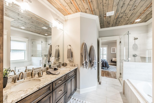 1219 Ben Forkum Dr, Lebanon, TN 37087 - bathroom featuring a bath, wooden ceiling, a stall shower, double vanity, and recessed lighting
