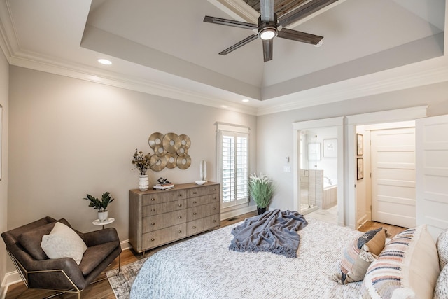 1219 Ben Forkum Dr, Lebanon, TN 37087 - bedroom with wood finished floors, a raised ceiling, baseboards, recessed lighting, and ornamental molding