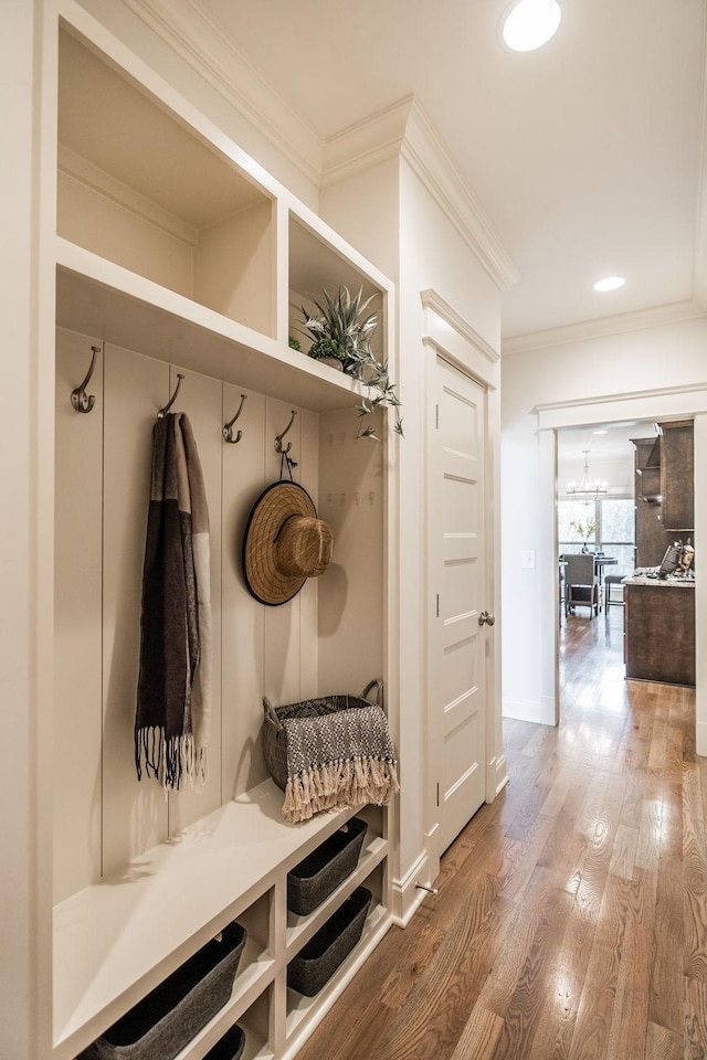 1219 Ben Forkum Dr, Lebanon, TN 37087 - mudroom with ornamental molding, wood finished floors, recessed lighting, and baseboards