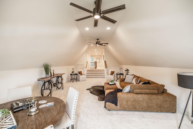 1219 Ben Forkum Dr, Lebanon, TN 37087 - carpeted living room with a ceiling fan, vaulted ceiling, and recessed lighting