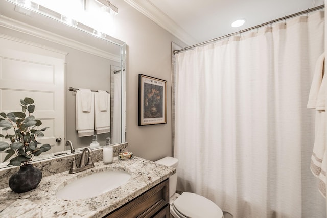 1219 Ben Forkum Dr, Lebanon, TN 37087 - bathroom featuring ornamental molding, toilet, vanity, and a shower with shower curtain