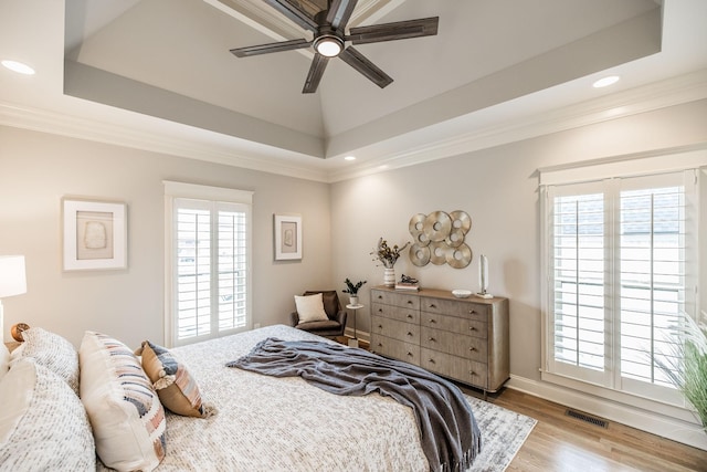 1219 Ben Forkum Dr, Lebanon, TN 37087 - bedroom with wood finished floors, recessed lighting, a raised ceiling, crown molding, and ceiling fan
