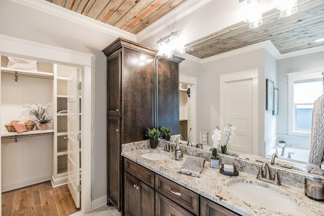 1219 Ben Forkum Dr, Lebanon, TN 37087 - full bathroom with wood ceiling, double vanity, wood finished floors, ornamental molding, and a closet