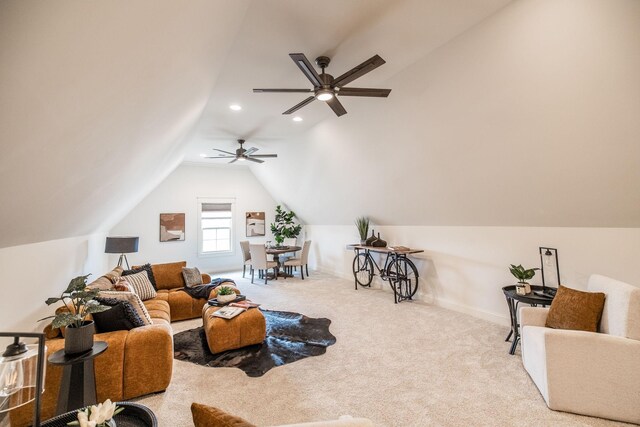 1219 Ben Forkum Dr, Lebanon, TN 37087 - sitting room featuring vaulted ceiling, a ceiling fan, carpet flooring, recessed lighting, and baseboards