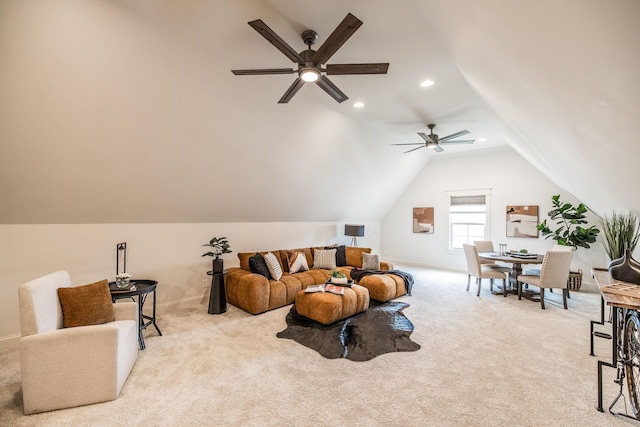1219 Ben Forkum Dr, Lebanon, TN 37087 - carpeted living area featuring ceiling fan, lofted ceiling, baseboards, and recessed lighting