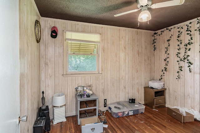 miscellaneous room with wooden walls, a ceiling fan, and wood finished floors