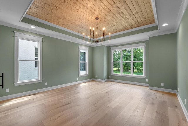 848 Brook Trl, Lebanon, TN 37087 - unfurnished room featuring a raised ceiling, wood ceiling, ornamental molding, a chandelier, and baseboards