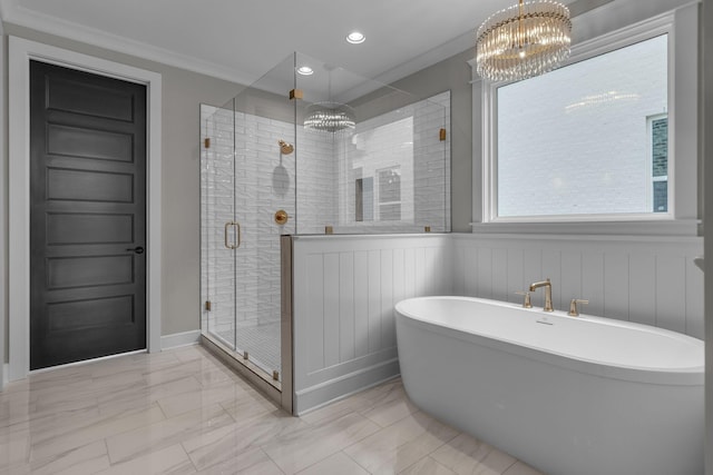 848 Brook Trl, Lebanon, TN 37087 - bathroom with a chandelier, marble finish floors, a stall shower, a wainscoted wall, and recessed lighting
