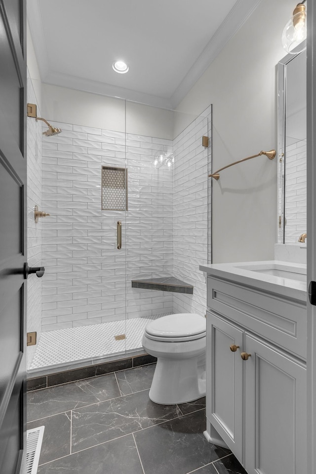 848 Brook Trl, Lebanon, TN 37087 - bathroom with crown molding, toilet, a stall shower, vanity, and recessed lighting