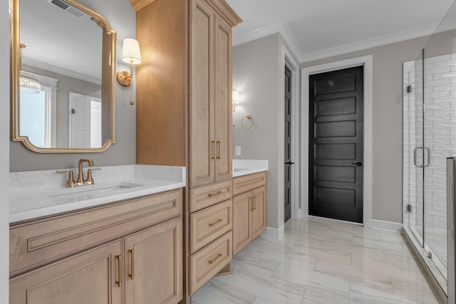 848 Brook Trl, Lebanon, TN 37087 - full bath featuring marble finish floors, a stall shower, baseboards, double vanity, and crown molding