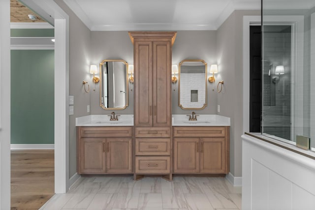 848 Brook Trl, Lebanon, TN 37087 - full bathroom featuring ornamental molding, double vanity, baseboards, marble look tiles, and a tile shower